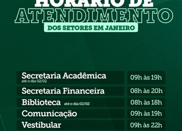 Confira o horário de funcionamento dos setores do UNIFAGOC durante as férias de janeiro