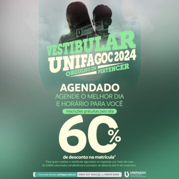 Vestibular agendado UNIFAGOC 2024.1: aprovados na prova on-line podem se matricular com 60% de desconto até 14/11