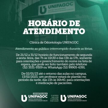 Confira os novos horários da Clínica de Odontologia do UNIFAGOC no período de férias acadêmicas