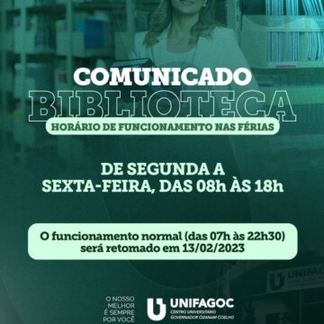 Confira o novo horário de funcionamento da Biblioteca do UNIFAGOC no período de férias acadêmicas
