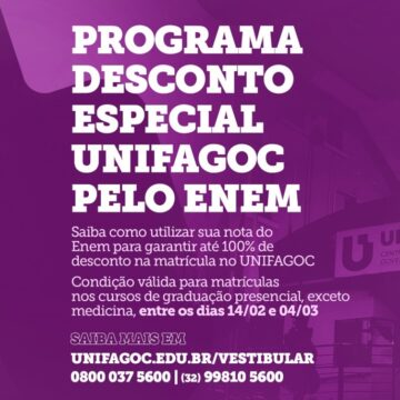 Programa Desconto Especial UNIFAGOC pelo Enem oferece até 100% de desconto na matrícula