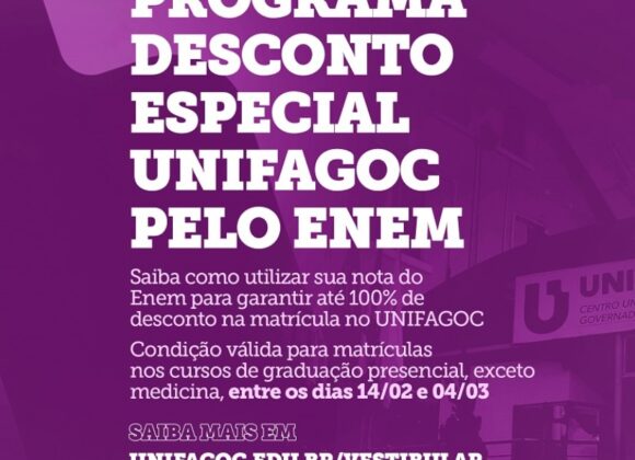Programa Desconto Especial UNIFAGOC pelo Enem oferece até 100% de desconto na matrícula