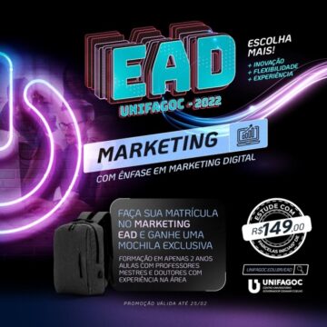 Matricule-se no curso de Marketing EAD do UNIFAGOC e ganhe uma linda mochila personalizada