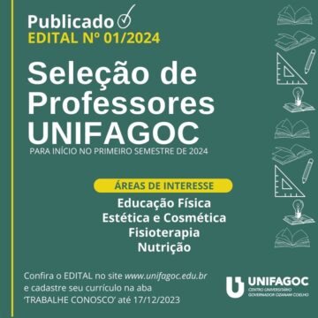 UNIFAGOC divulga edital para seleção de docentes de Fisioterapia, Educação Física, Nutrição e Estética e Cosmética