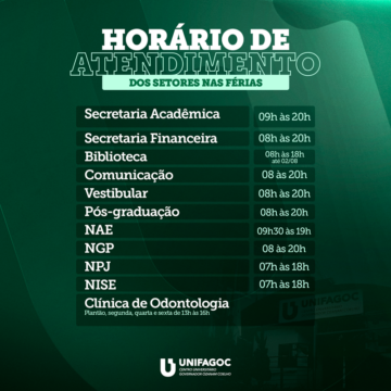 Confira o horário de funcionamento dos setores do UNIFAGOC durante as férias de julho