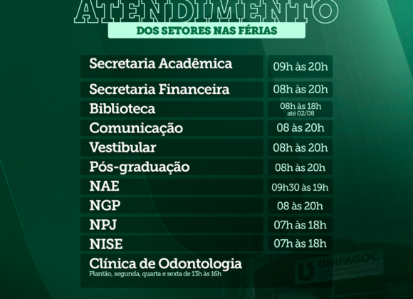 Confira o horário de funcionamento dos setores do UNIFAGOC durante as férias de julho