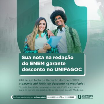 Enem 2024: saiba como utilizar sua nota e matricular-se com até 100% de desconto no UNIFAGOC
