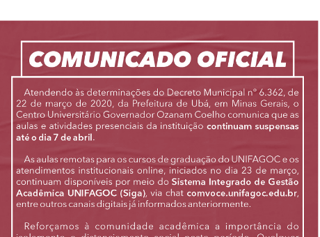 UNIFAGOC segue com atividades presenciais suspensas até 07/04