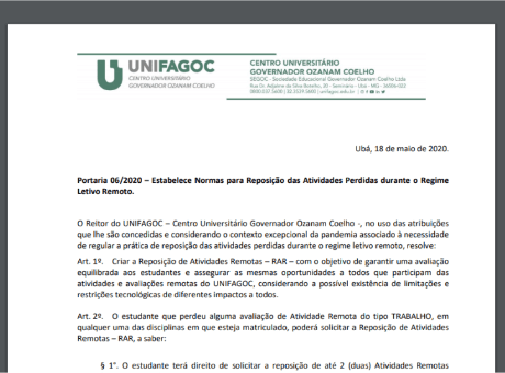 UNIFAGOC divulga portaria com normas para reposição de atividades no Regime Letivo Remoto