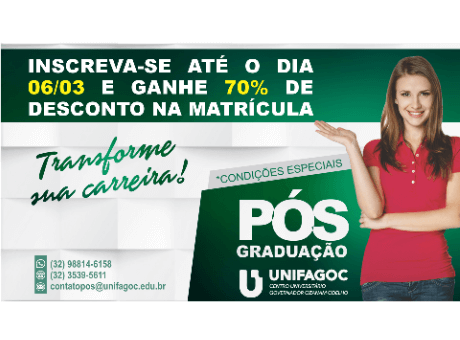 Pós-graduação UNIFAGOC oferece 70% na matrícula até dia 06/03