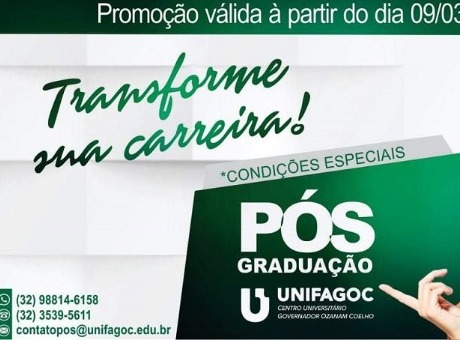 Pós-graduação UNIFAGOC oferece 60% de desconto na matrícula até dia 20/03