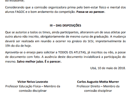 Comissão dos Jogos Universitários Fagoc emite parecer autorizando substituição de atleta