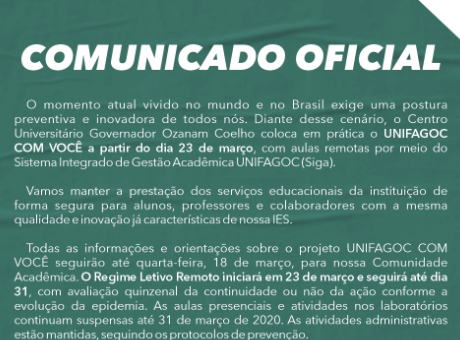 UNIFAGOC anuncia Regime Letivo Remoto
