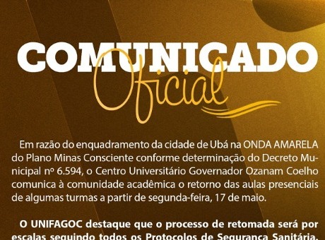 Ubá na Onda Amarela: UNIFAGOC divulga cronograma de retorno das aulas presenciais