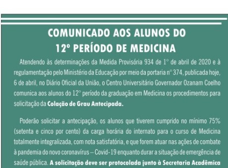 UNIFAGOC comunica procedimentos para alunos de Medicina solicitarem Colação de Grau Antecipada