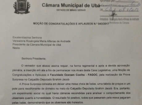 Fagoc recebe Moção de congratulações e aplausos da Câmara Municipal de Ubá
