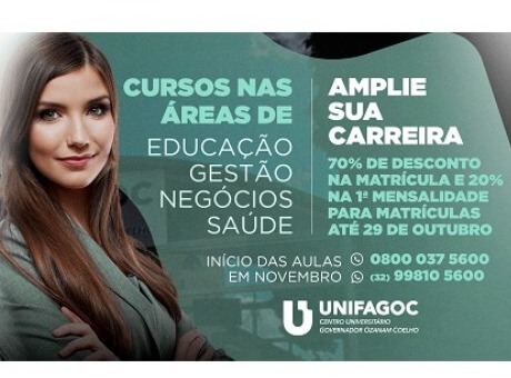 Pós-Graduação UNIFAGOC oferece desconto na matrícula e primeira mensalidade até sexta-feira (29)