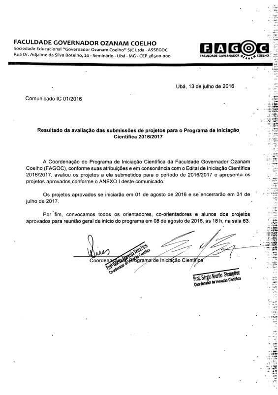 resultado iniciação científica fagoc 