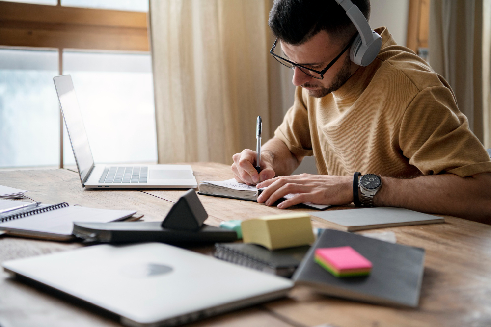 Homem usando fones de ouvido e óculos escreve em caderno enquanto trabalha ou estuda em uma mesa com notebook, cadernos e post-its coloridos.