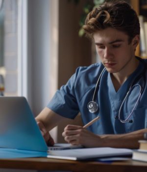 Estudante da área da saúde usando notebook e fazendo anotações em mesa de estudos com livros e estetoscópio.