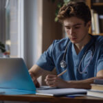Estudante da área da saúde usando notebook e fazendo anotações em mesa de estudos com livros e estetoscópio.