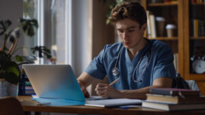 Estudante da área da saúde usando notebook e fazendo anotações em mesa de estudos com livros e estetoscópio.
