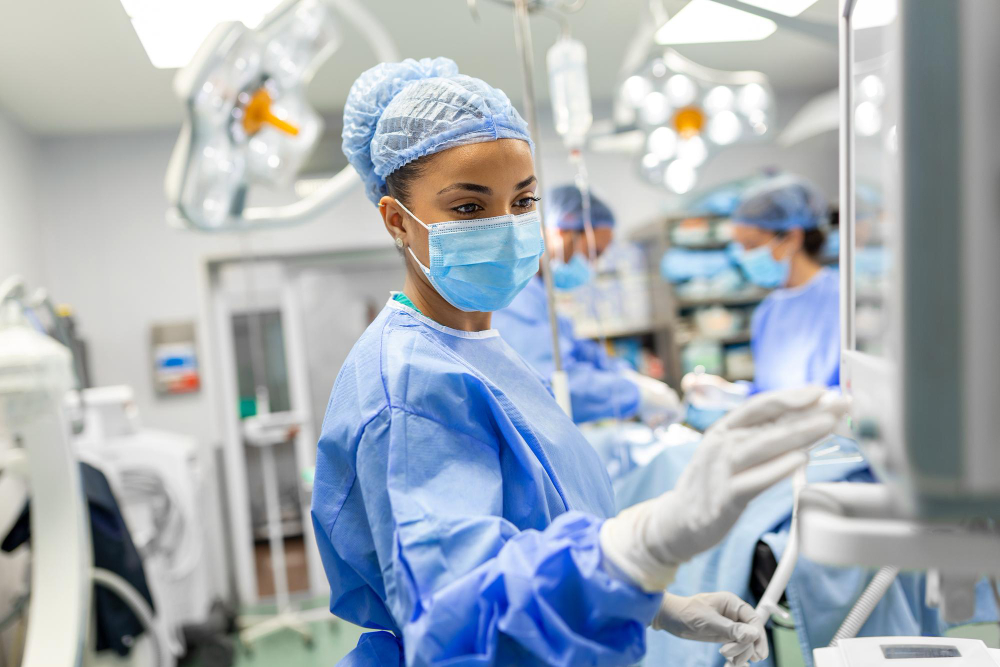 Profissional de saúde em sala de cirurgia utilizando equipamento médico, com equipe ao fundo realizando procedimento cirúrgico.