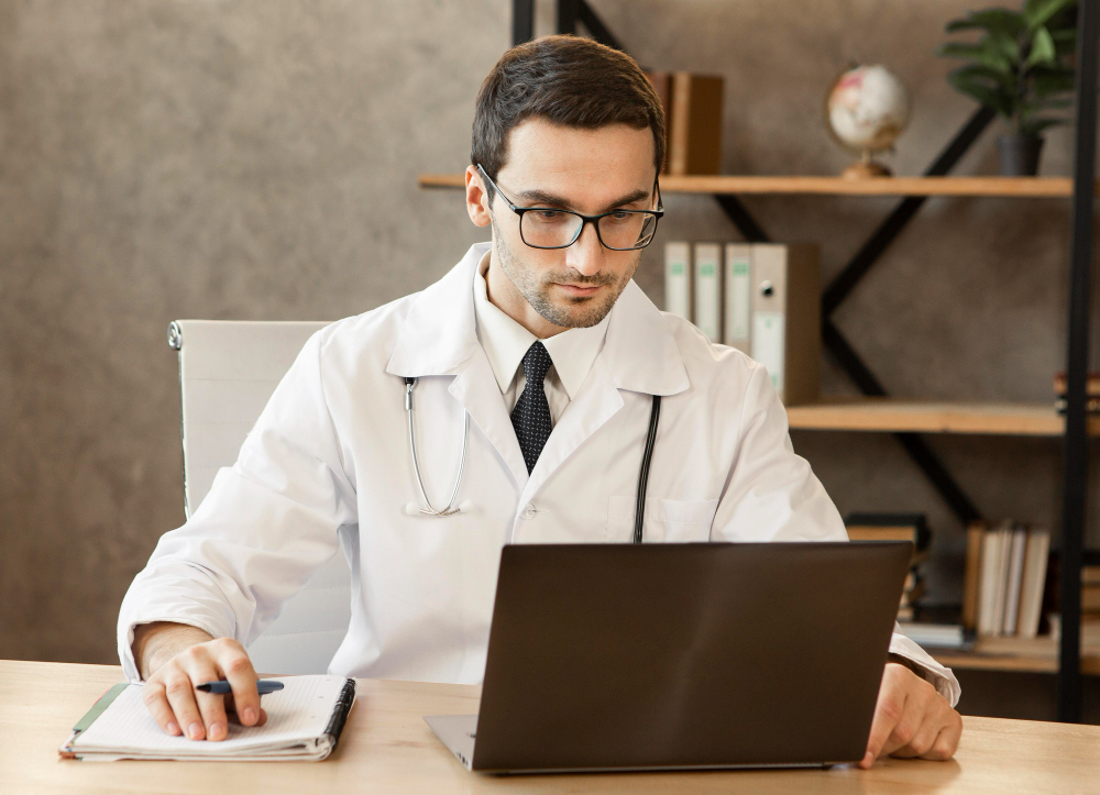 Médico usando jaleco e óculos trabalha em um consultório, olhando para um notebook e anotando em um caderno.