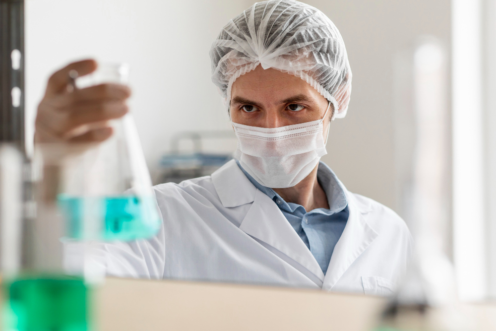 Cientista analisando líquido azul em um frasco de laboratório.