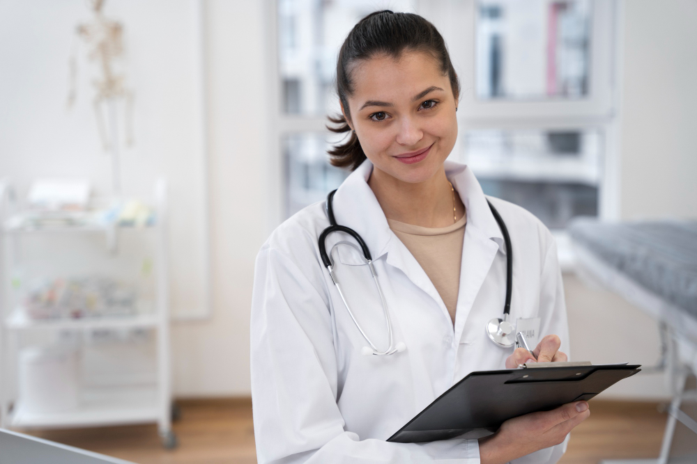 Profissional de saúde sorridente com jaleco branco e estetoscópio, segurando uma prancheta em consultório médico.