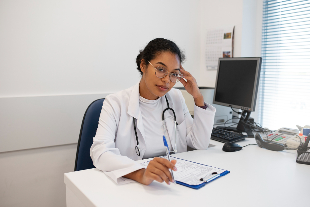 Uma médica jovem, de jaleco branco e estetoscópio no pescoço, está sentada à mesa de um consultório, segurando uma caneta e olhando para a câmera.