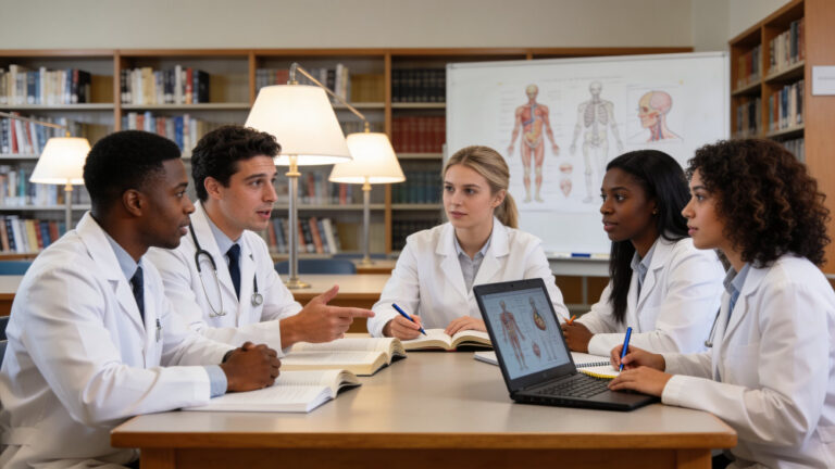 Fotografia horizontal. Cinco estudantes de Medicina de jaleco branco estão reunidos ao redor de uma mesa em uma biblioteca, debatendo um caso. Um deles gesticula enquanto fala, enquanto os demais acompanham com atenção, tomando notas e consultando um notebook com ilustrações anatômicas.