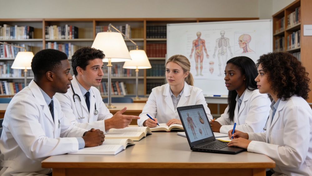 Fotografia horizontal. Cinco estudantes de Medicina de jaleco branco estão reunidos ao redor de uma mesa em uma biblioteca, debatendo um caso. Um deles gesticula enquanto fala, enquanto os demais acompanham com atenção, tomando notas e consultando um notebook com ilustrações anatômicas.