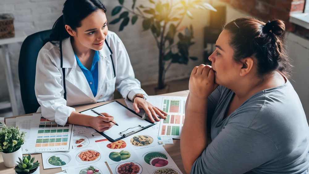 Fotografia de uma consulta de nutrição comportamental em um escritório iluminado. À esquerda, uma nutricionista jovem, de jaleco branco, olha com atenção e empatia para a paciente. À direita e de perfil, uma mulher com excesso de peso escuta atentamente, com as mãos próximas ao queixo. Sobre a mesa de madeira, há uma prancheta e várias folhas impressas com fotos coloridas de alimentos saudáveis e tabelas nutricionais. O ambiente ao fundo é acolhedor e levemente desfocado.