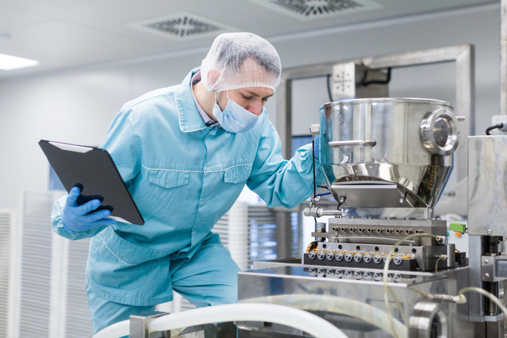 Funcionário com roupas de proteção inspecionando máquina em ambiente industrial.