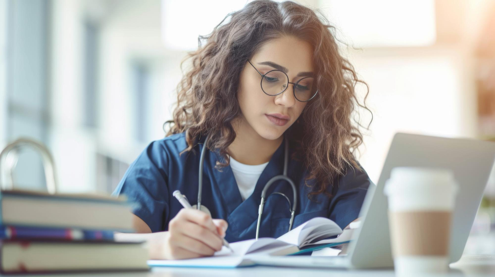 Profissional da saúde estudando e fazendo anotações em mesa com laptop, livros e café ao lado.