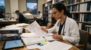 Médica com jaleco e estetoscópio estuda concentrada em uma biblioteca, analisando artigos, fazendo anotações e cercada de livros de medicina, ilustrando a busca por especialização e pós-graduação.