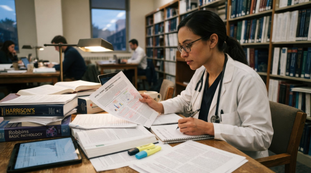 Médica com jaleco e estetoscópio estuda concentrada em uma biblioteca, analisando artigos, fazendo anotações e cercada de livros de medicina, ilustrando a busca por especialização e pós-graduação.