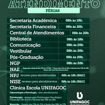 Confira o horário de funcionamento dos setores do UNIFAGOC durante as férias de julho em 2026
