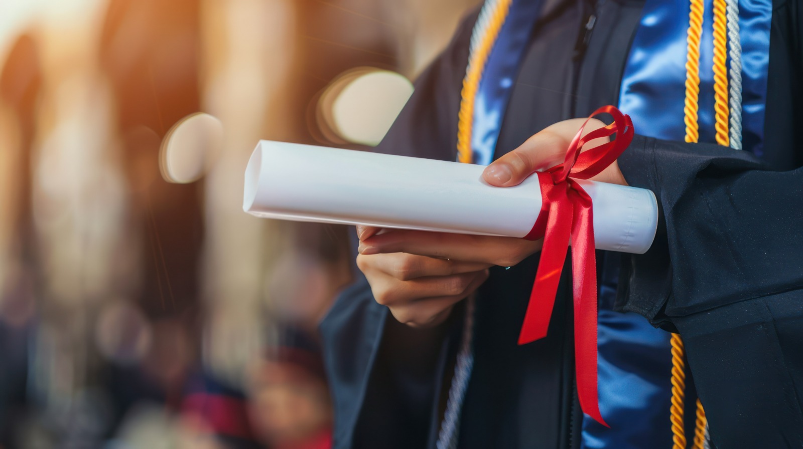 Pessoa vestida com beca de formatura segurando diploma enrolado com fita vermelha.