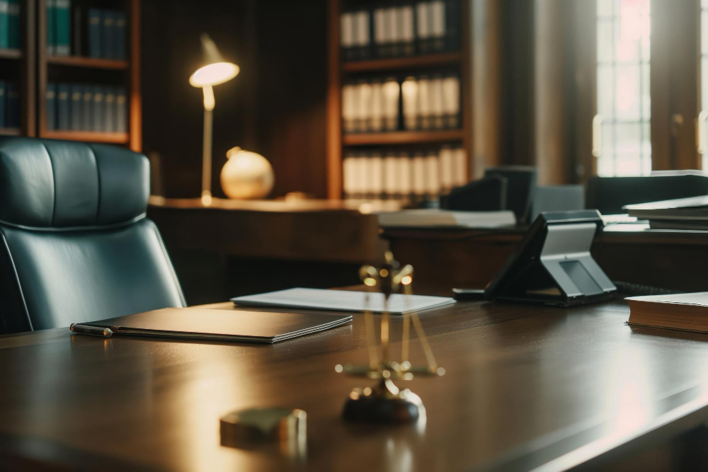 Mesa de escritório jurídico com livros ao fundo e balança da justiça em destaque, representando áreas do Direito em crescimento no Brasil.