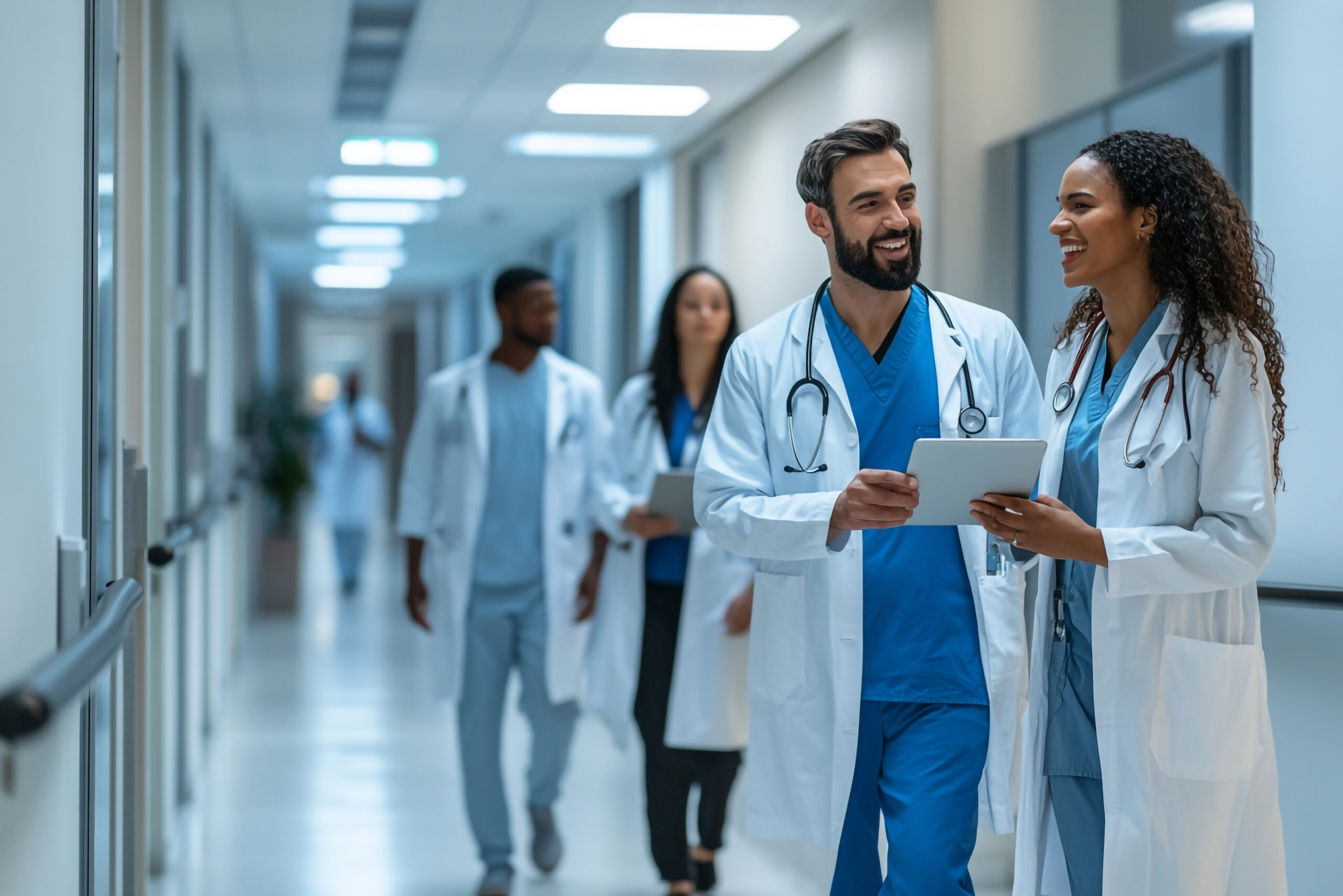 Equipe de médicos caminhando em corredor de hospital, representando formação na área da saúde avaliada pelo MEC.