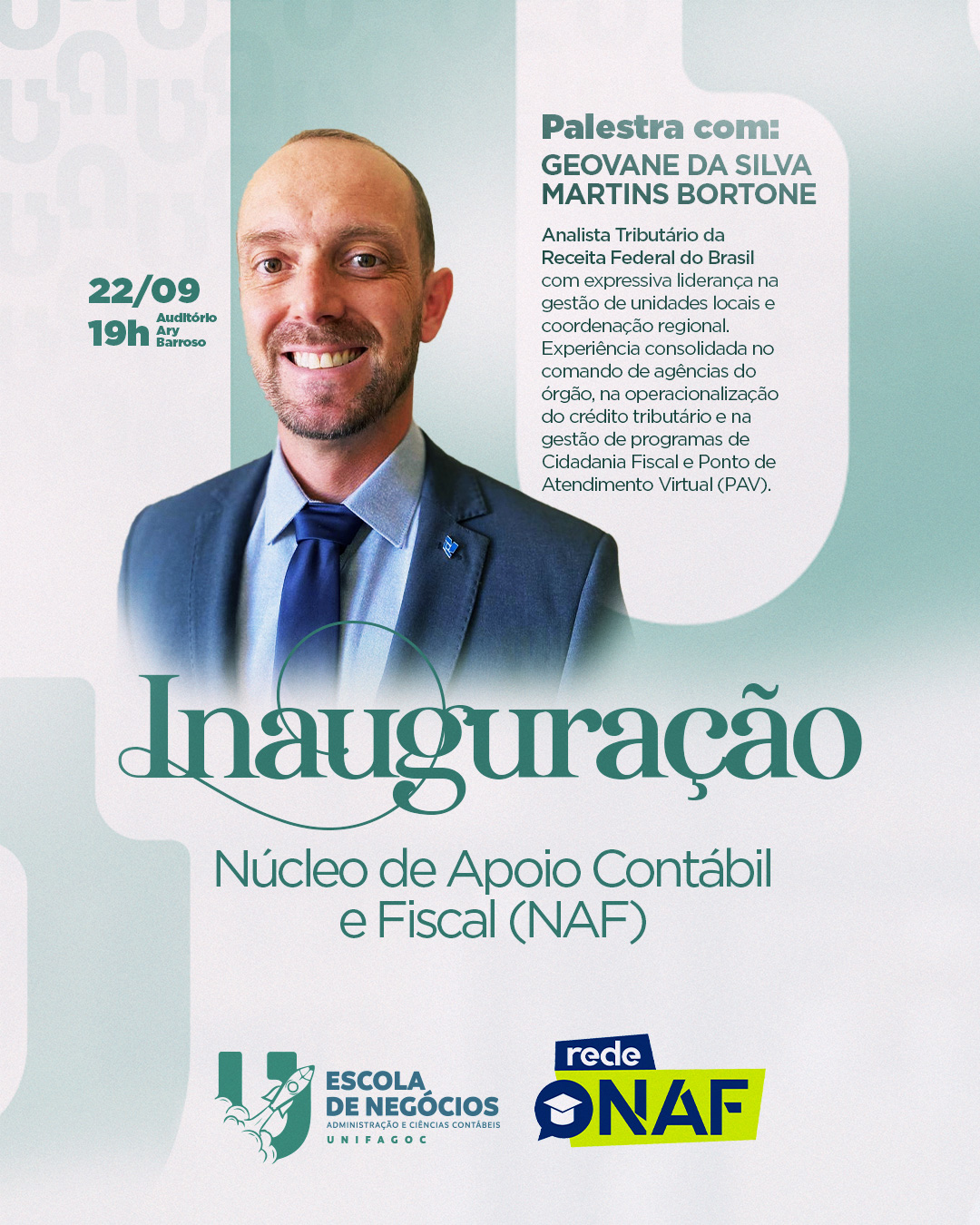 Analista da Receita Federal, Geovane Bortone ministra palestra sobre NAF no Dia do Contador no UNIFAGOC