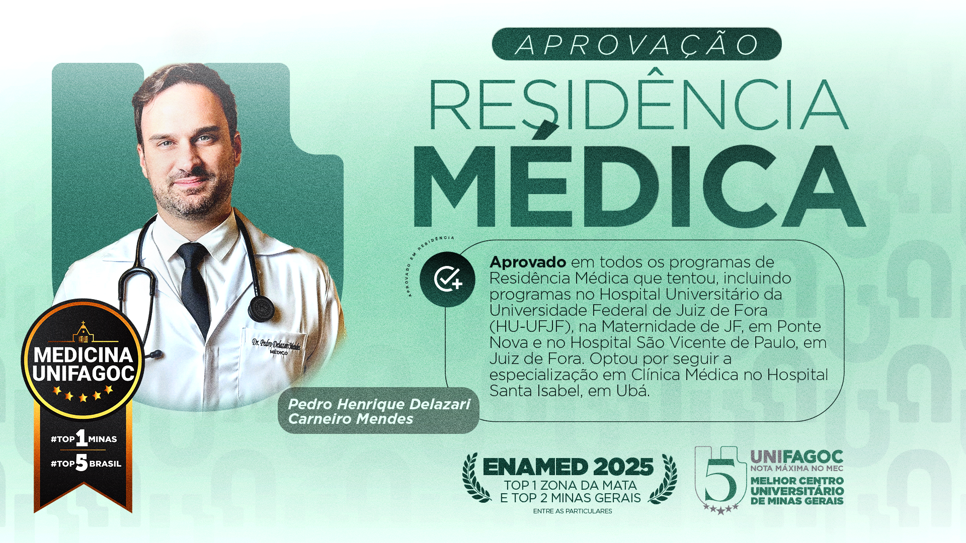 Formado na Medicina UNIFAGOC, Pedro Henrique conquista aprovações em residências médicas e inicia trajetória na Clínica Médica